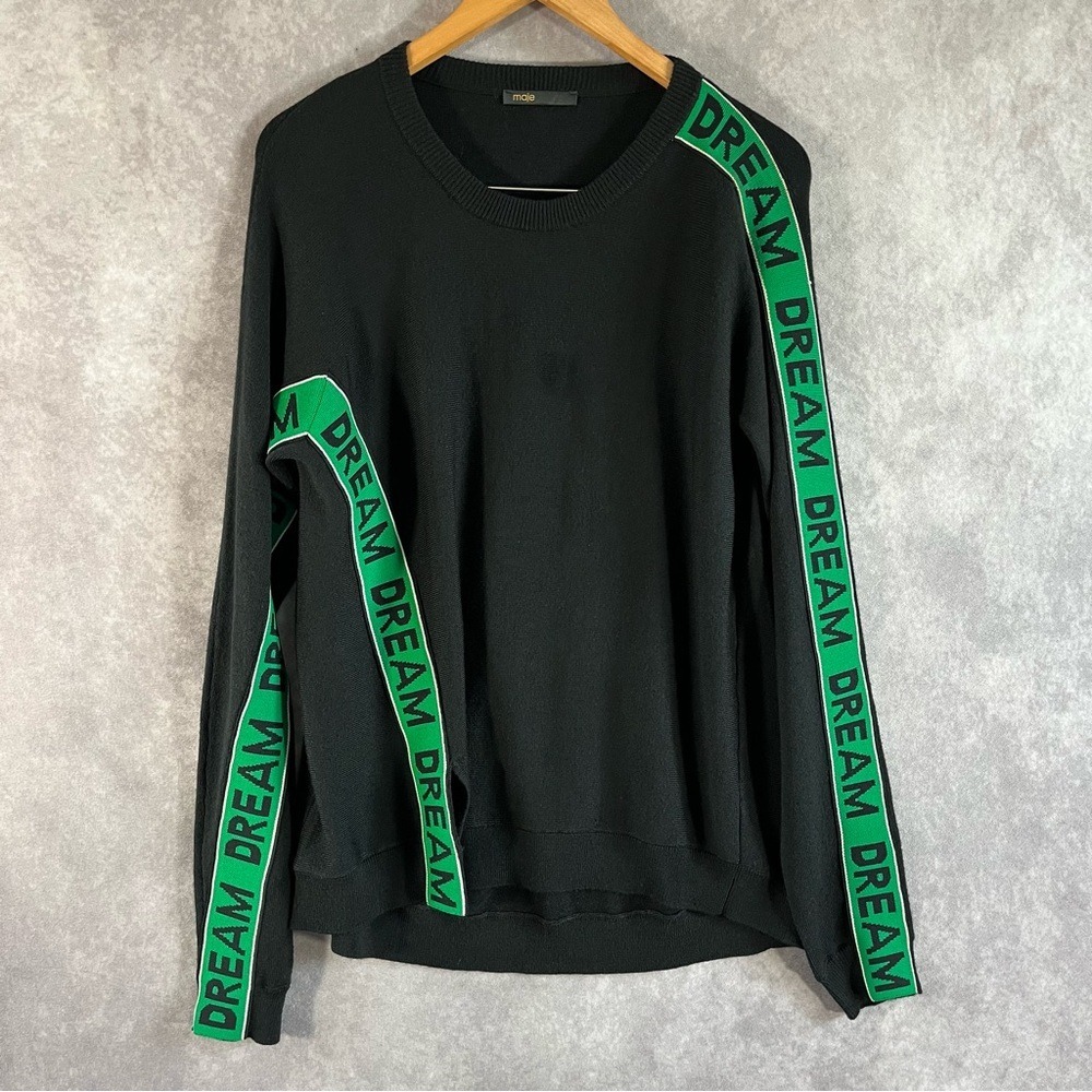 Maje Knit Sweater Womens Size 2 Black Green Dream Logo Tape Crew Neck Side Slit